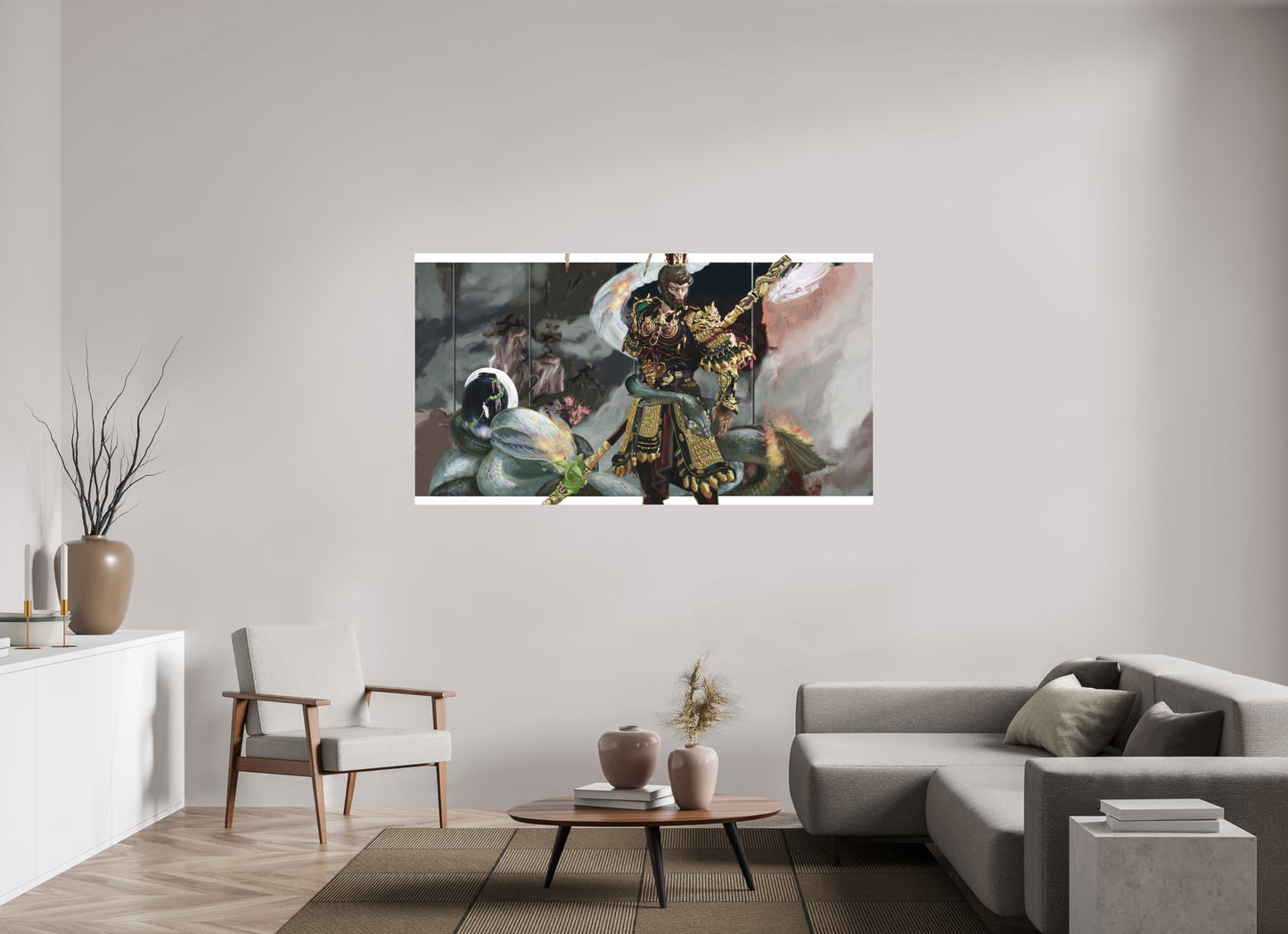 182,3 x 100 cm, Fine Art pigment print behind acrylic glass frameless Wukong Dream behind acrylic glass