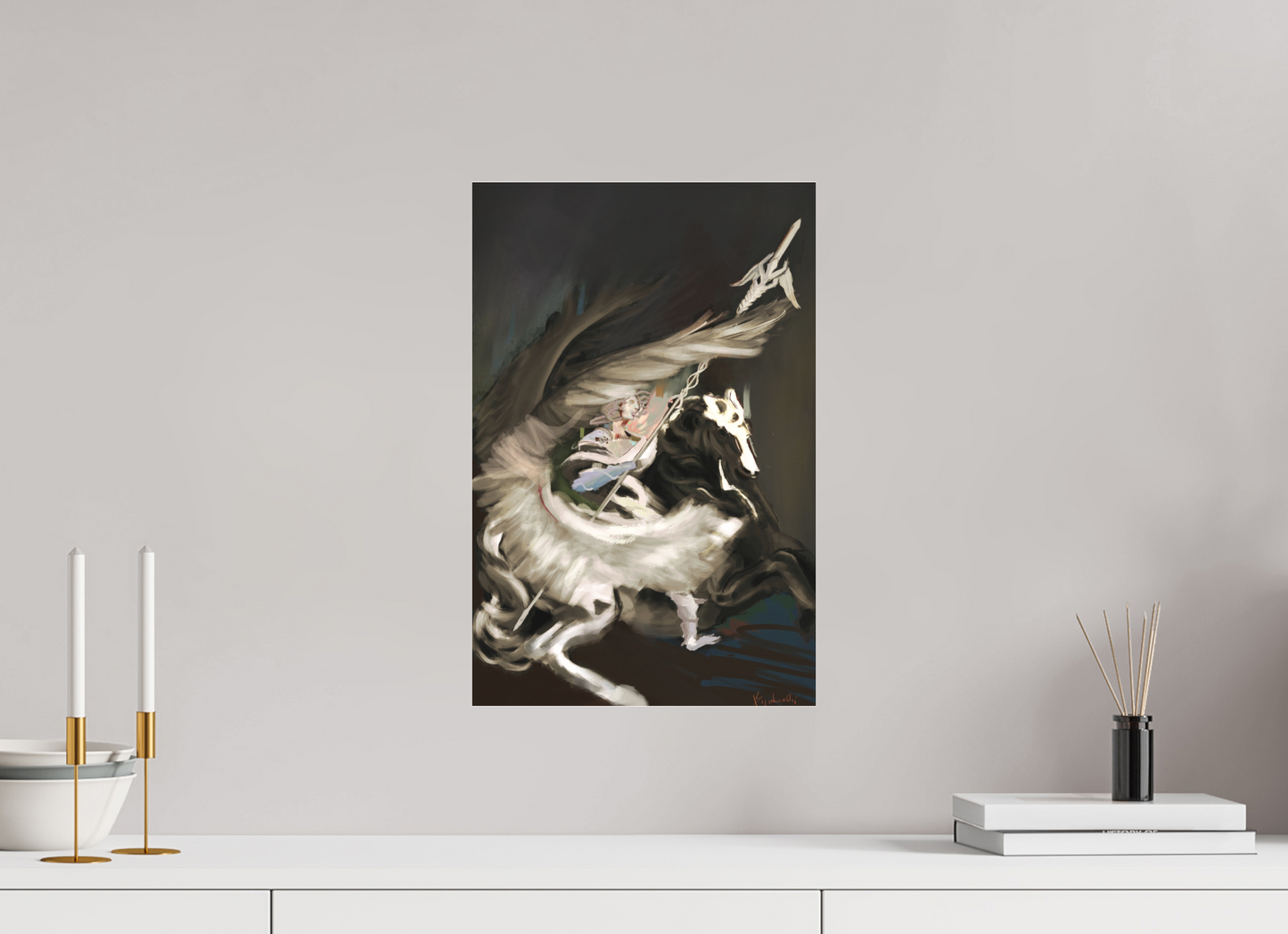 30 x 45,7 cm, Fine Art pigment print behind acrylic glass frameless Medusa and Pegasus on acrylic glass