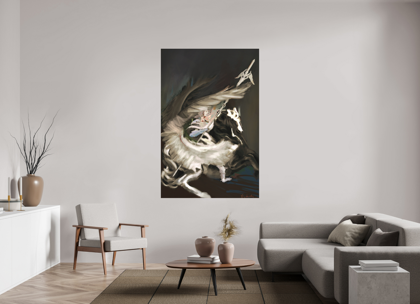 120 x 182,7 cm, Fine Art pigment print behind acrylic glass frameless Medusa and Pegasus on acrylic glass