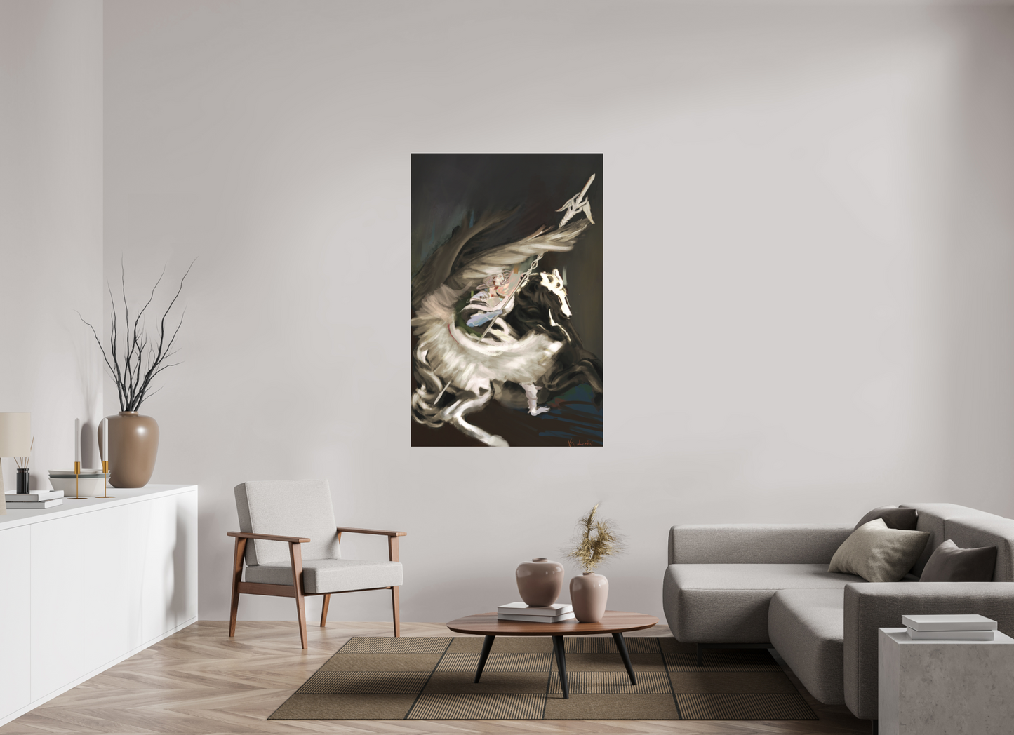100 x 152,3 cm, Fine Art pigment print behind acrylic glass frameless Medusa and Pegasus on acrylic glass